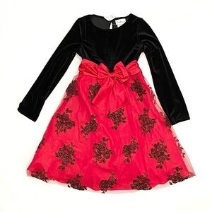 NWT Rare Editions Party Holiday Black Velvet Long Sleeve Red Sparkly Dress